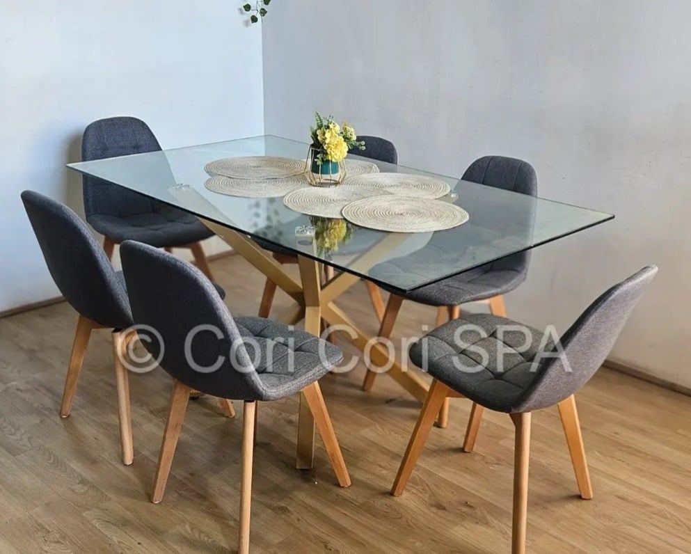 COMEDOR MADRID 140X80CMS + 6 SILLAS CAPITONNE LINO GRIS - 1