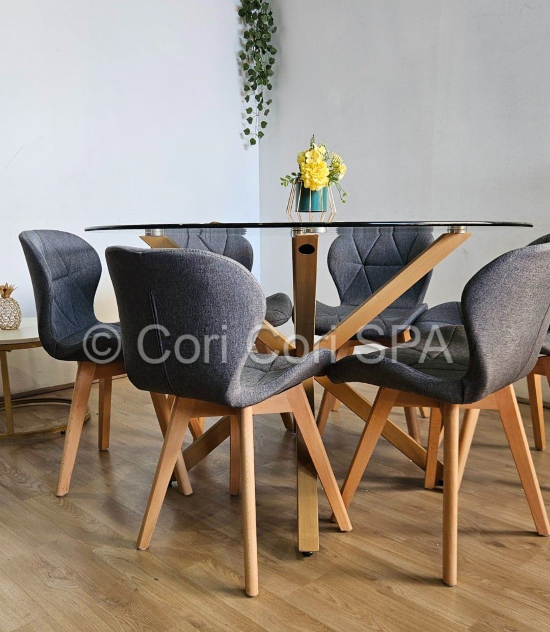 COMEDOR WARWICK 120CM + 6 SILLAS MARIPOSA LINO GRIS - 1