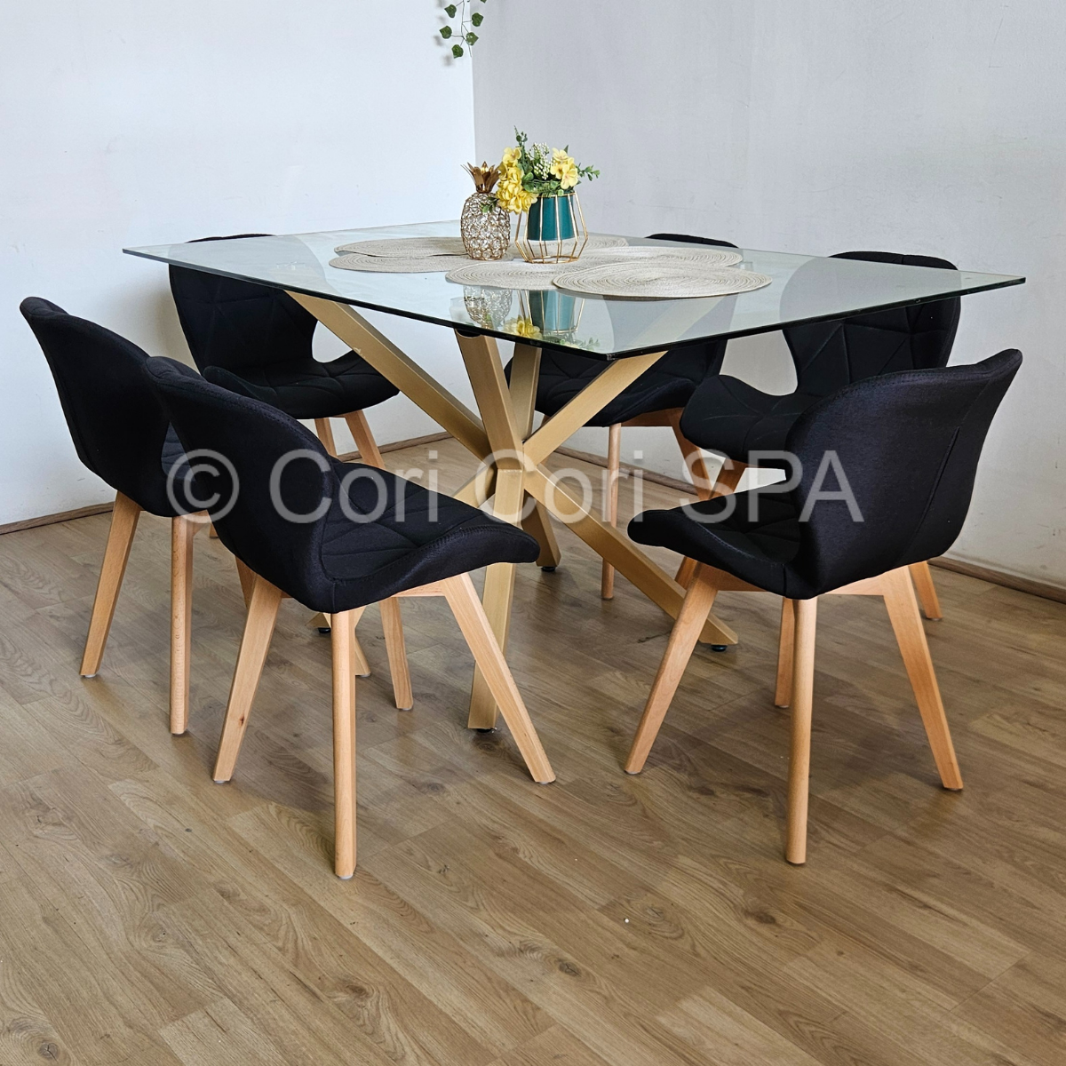 COMEDOR MADRID 140X80CM + 6 SILLAS MARIPOSA LINO NEGRO - 1
