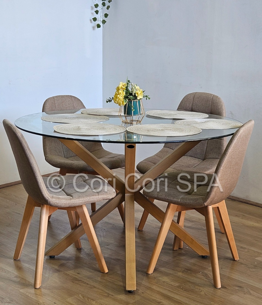 COMEDOR WARWICK 100CM + 4 SILLAS CAPITONNE LINO BEIGE - 1
