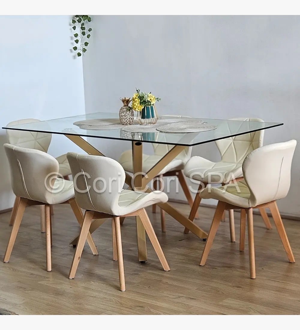 COMEDOR MADRID 140X80CM + 6 SILLAS MARIPOSA ECOCUERO WOOD BEIGE - 1