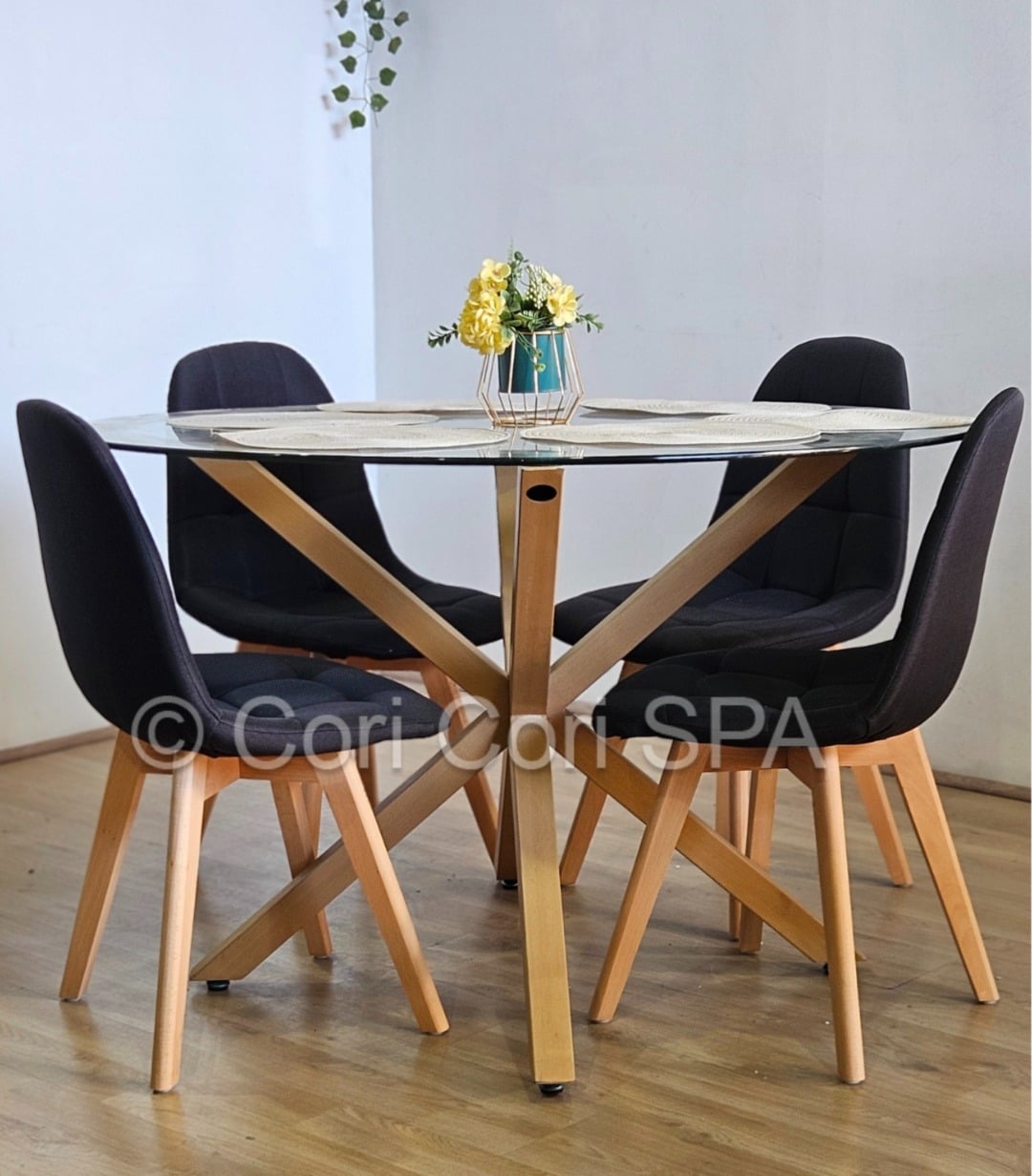 COMEDOR WARWICK 100CM + 4 SILLAS CAPITONNE LINO NEGRO - 1