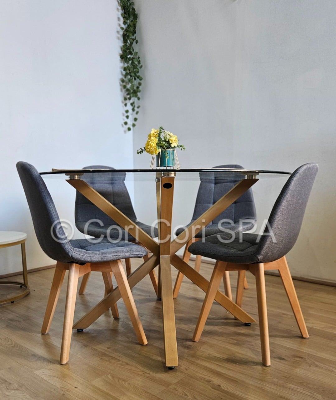COMEDOR WARWICK 100CM + 4 SILLAS CAPITONNE LINO GRIS - 1