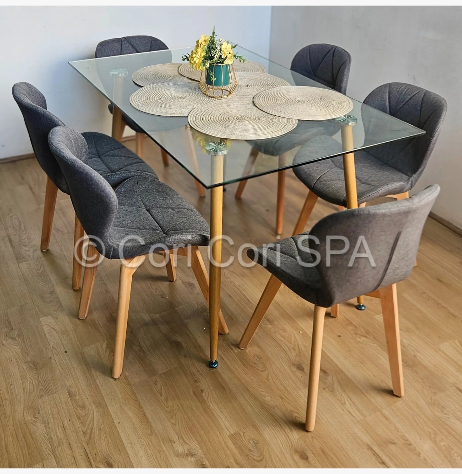 COMEDOR RUBI 120X80CM + 6 SILLAS MARIPOSA LINO GRIS - 1