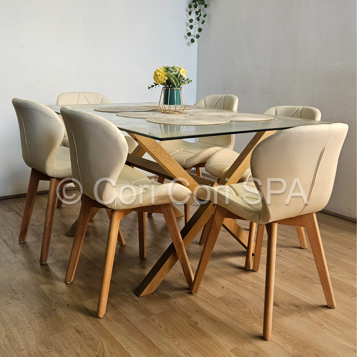 COMEDOR MEDLOCK 120X80CM + 6 SILLAS MARIPOSA ECOCUERO WOOD BEIGE - 1
