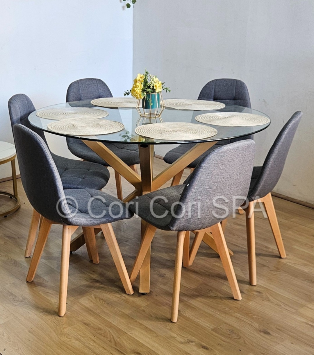 COMEDOR WARWICK 120CMS + 6 SILLAS CAPITONNE LINO GRIS - 1