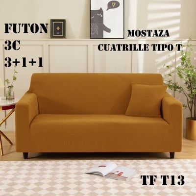 FUNDAS SILLÓN SOFÁ TEXTURIZADA Y ELASTICADAS 3 CUERPOS MOSTAZA - 1