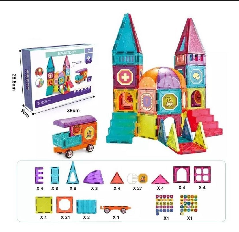 SET BLOQUES MAGNÉTICOS 94 PIEZAS - CASTILLO Y AUTO - 1