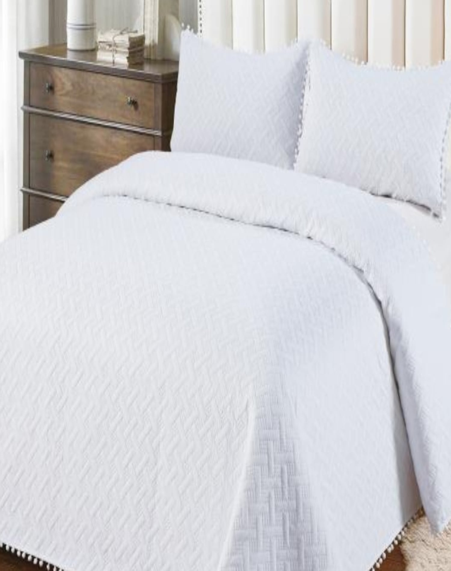 CUBRECAMA 1.5 PLAZAS ALGODÓN BLANCO VERANO CON POMPONES FRESCO Y ELEGANTES - 2