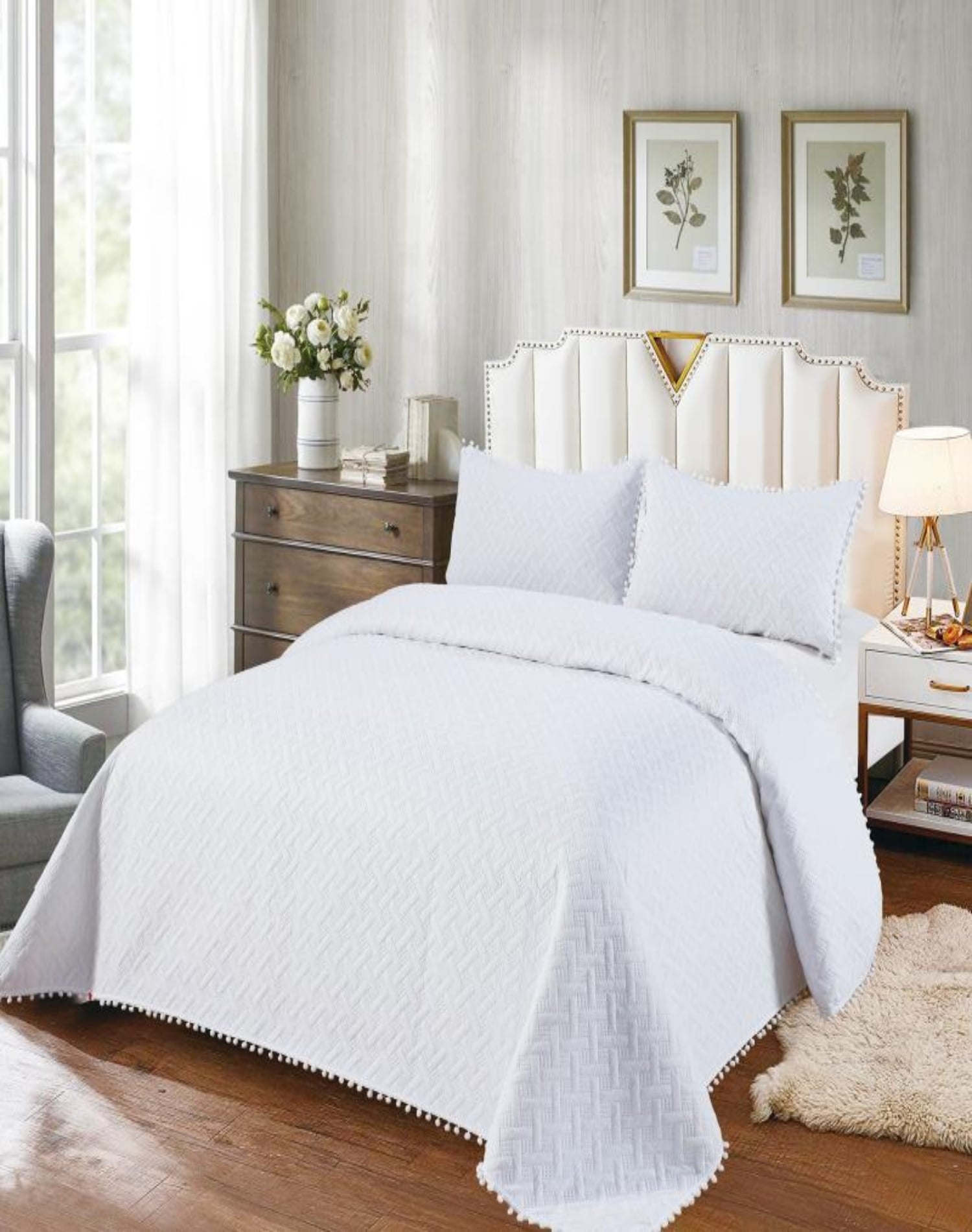 CUBRECAMA 1.5 PLAZAS ALGODÓN BLANCO VERANO CON POMPONES FRESCO Y ELEGANTES - 3