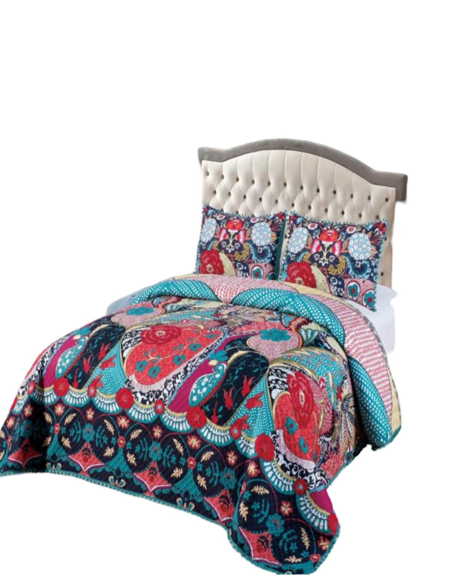 CUBRECAMA 2 PLAZAS ALGODÓN MULTICOLOR LIGERO VERANO CON POMPONES ELEGANTES - 1