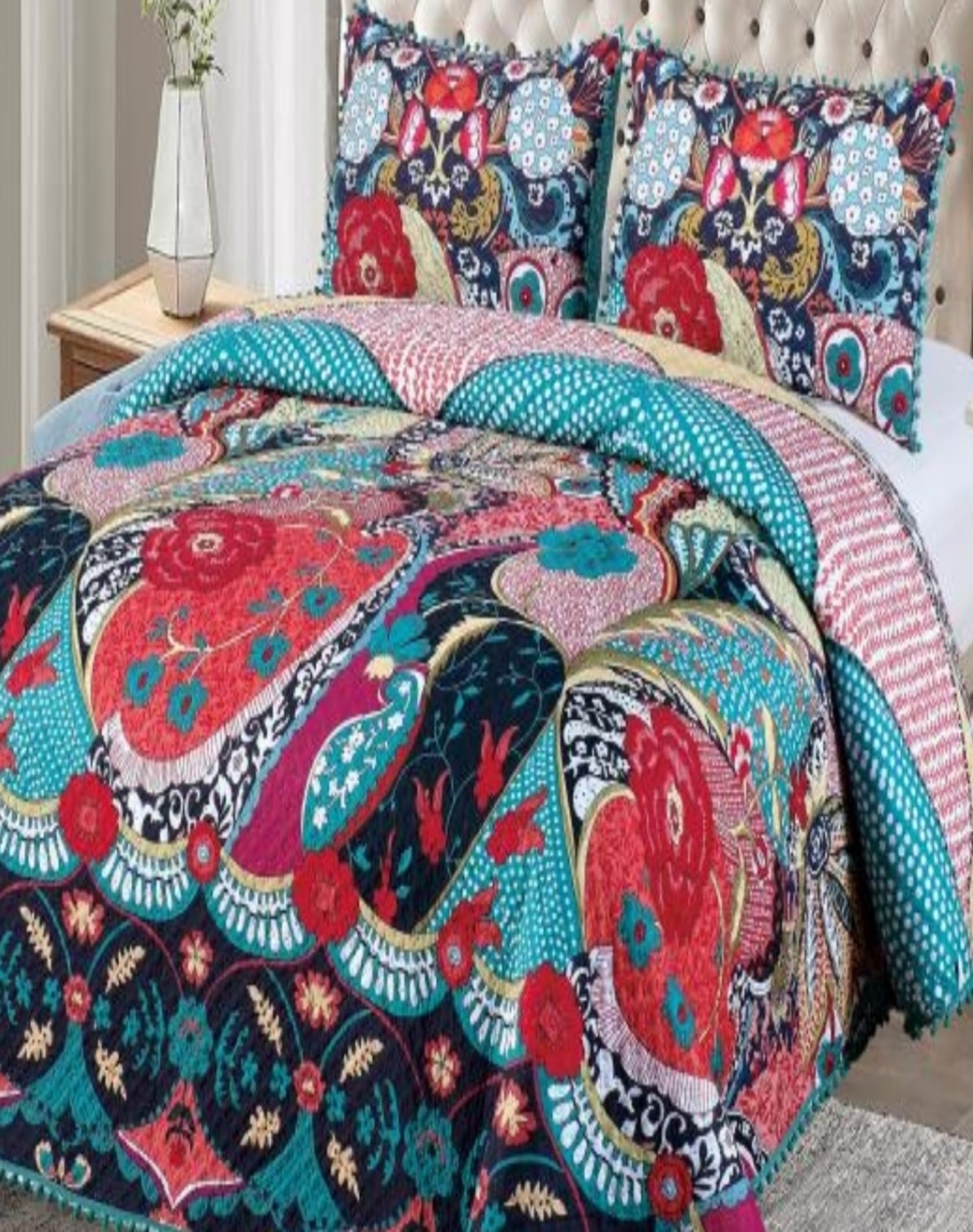 CUBRECAMA 2 PLAZAS ALGODÓN MULTICOLOR LIGERO VERANO CON POMPONES ELEGANTES - 3