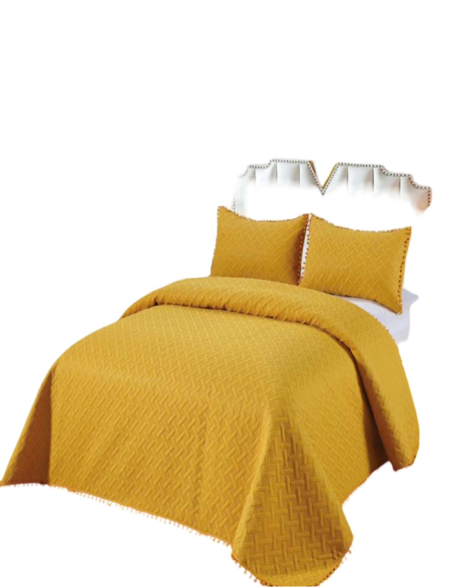 CUBRECAMA 2 PLAZAS ALGODÓN MOSTAZA VERANO CON POMPONES FRESCO Y ELEGANTE - 1