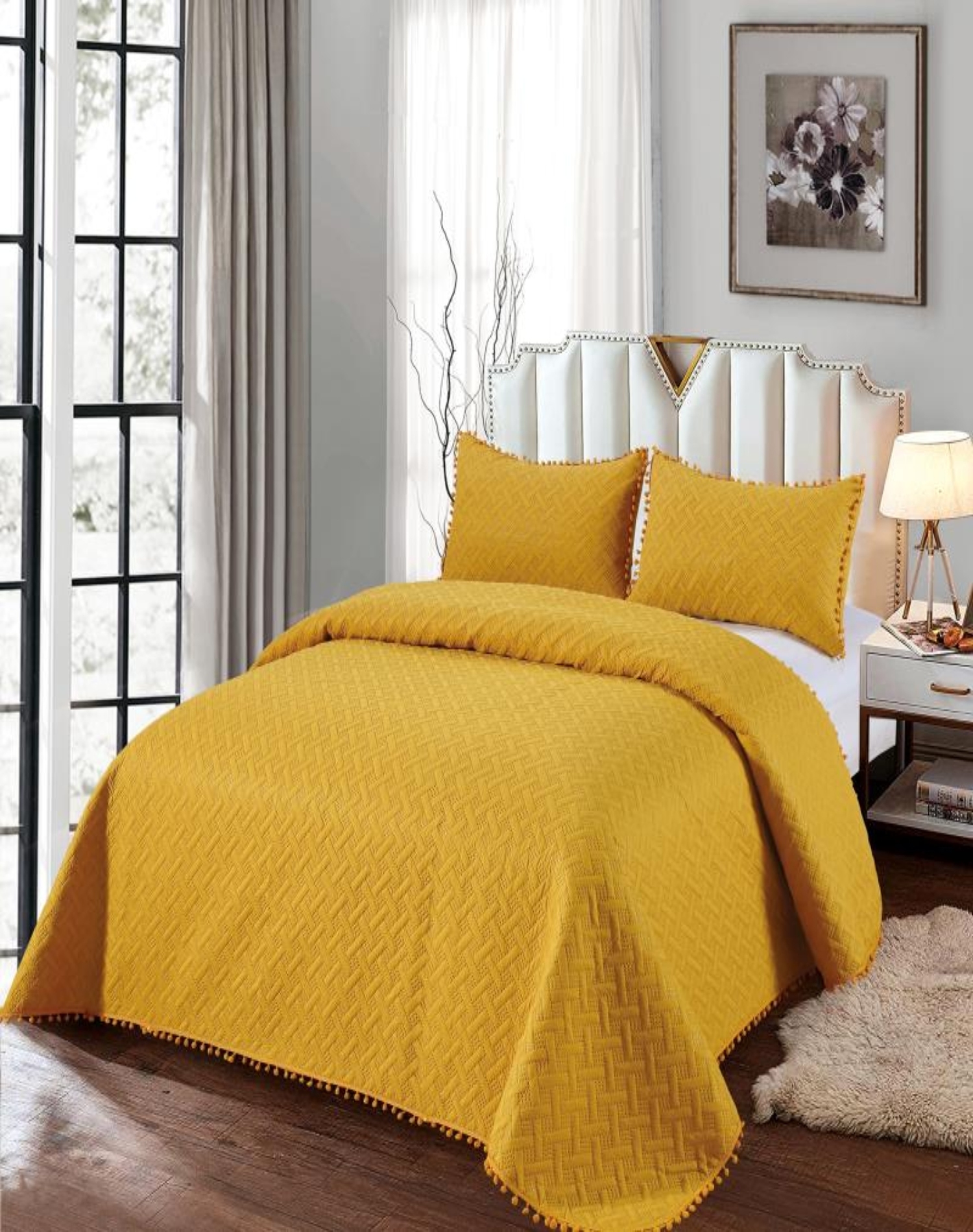 CUBRECAMA 2 PLAZAS ALGODÓN MOSTAZA VERANO CON POMPONES FRESCO Y ELEGANTE - 3