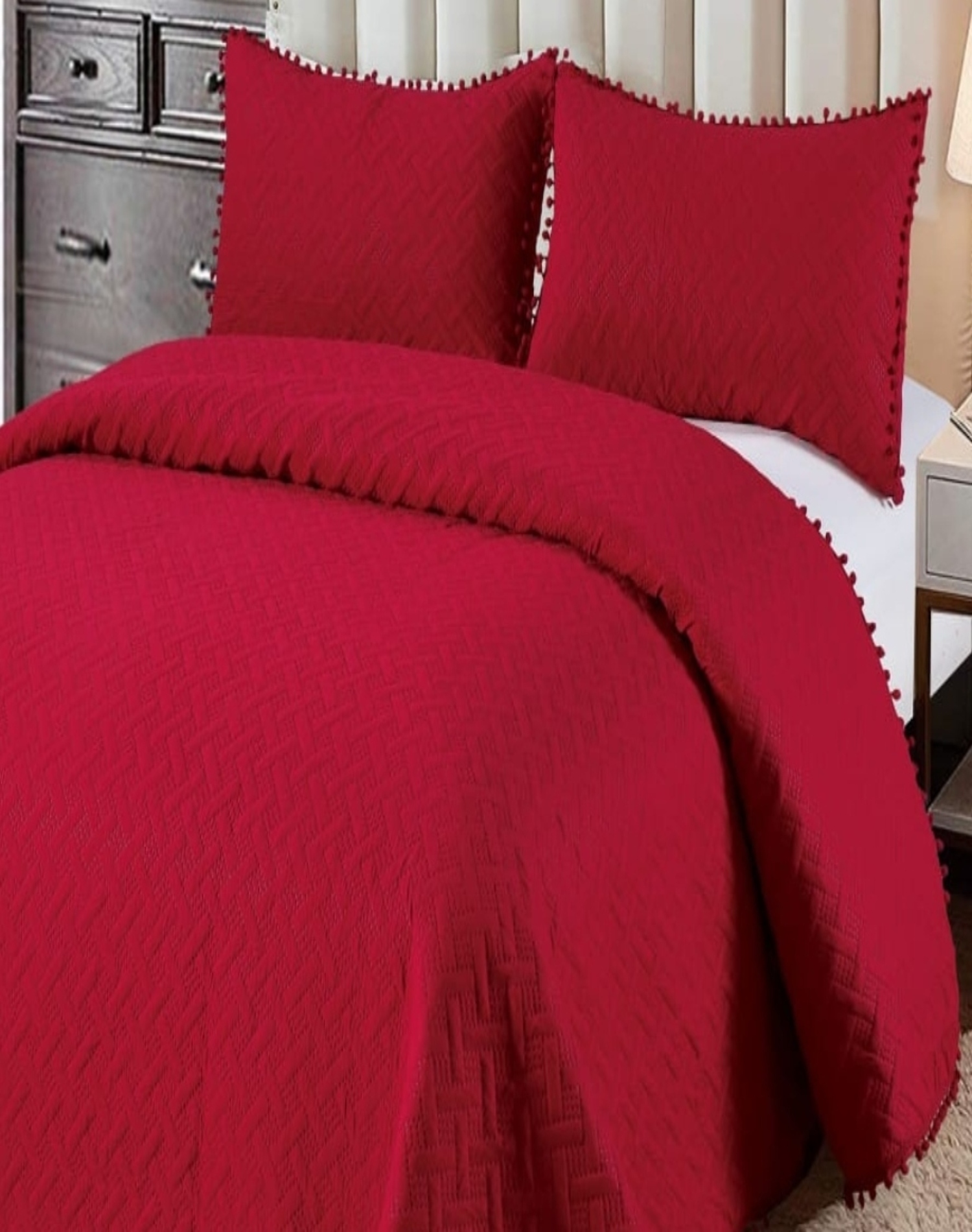 CUBRECAMA ALGODÓN ROJO VERANO CON POMPONES FRESCO KING / SUPER KING - 2