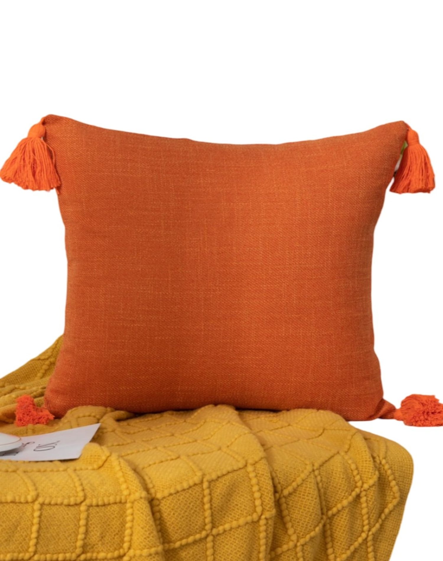 FUNDA COJÍN JUEGO 2 LINO CON POMPONES NARANJA - 1