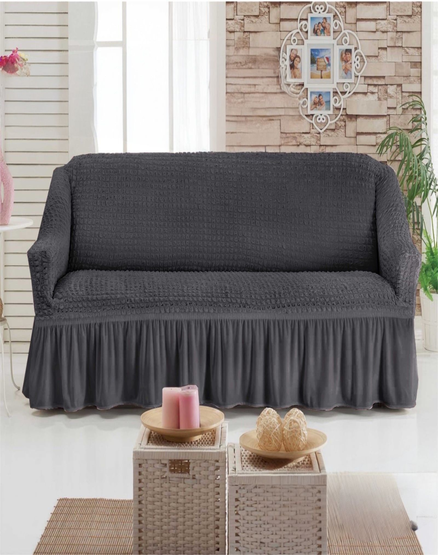 FUNDA 3 CUERPOS TEXTURIZADAS CUBRE SILLÓN TURKOS D9 GRIS PARDO - 3