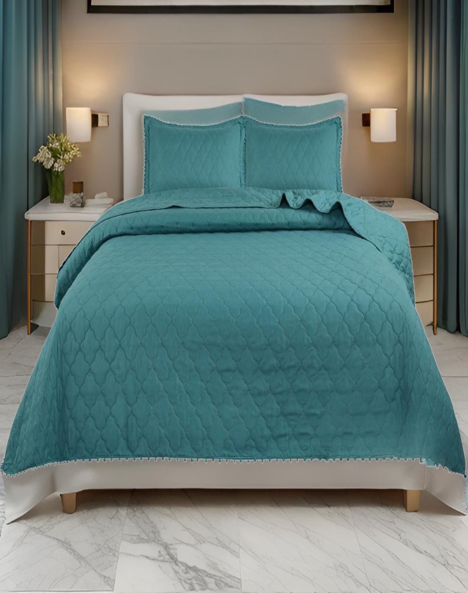 CUBRECAMA TURQUESA QUILT PRIMAVERA VERANO CON POMPONES B4 - 3