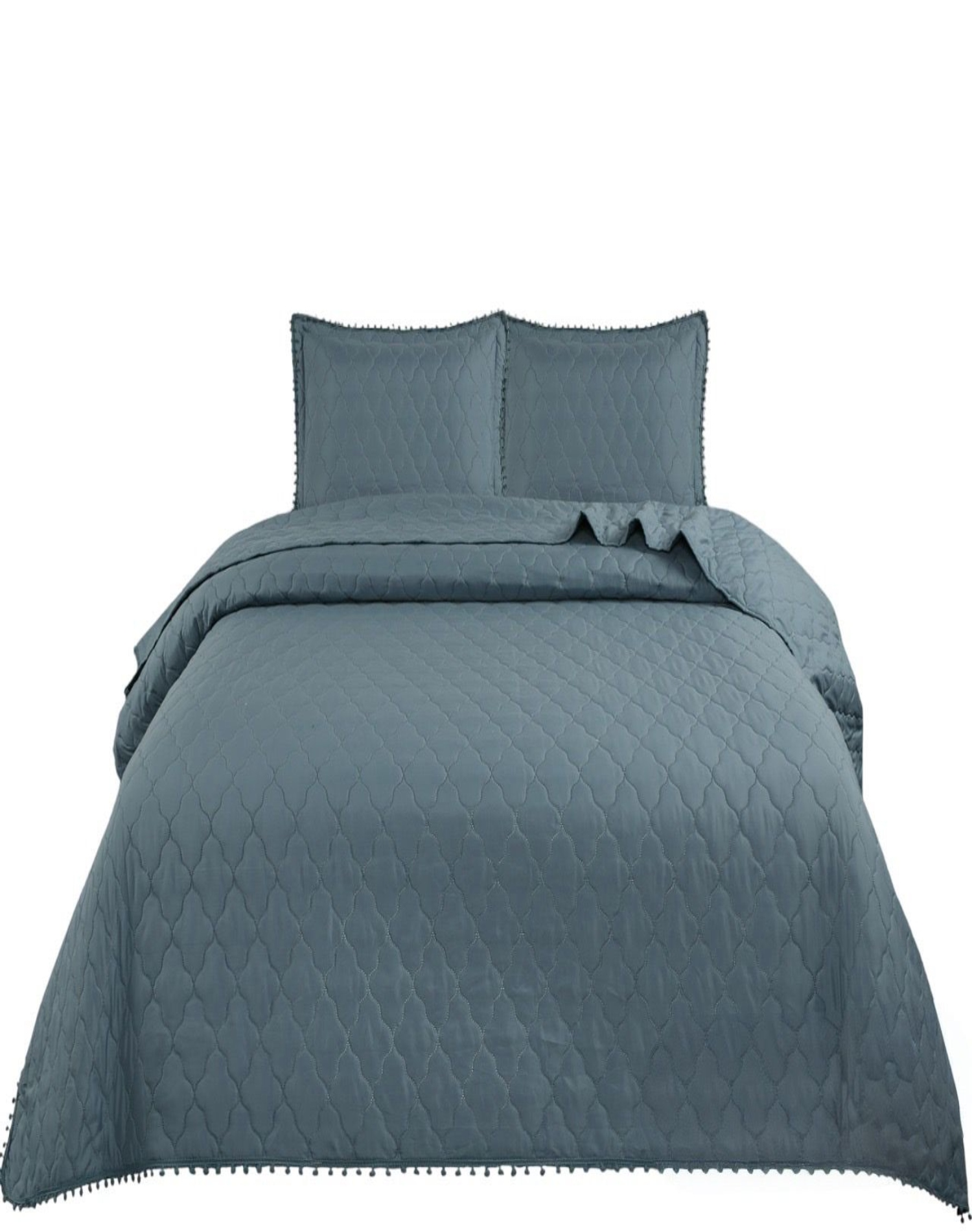 CUBRECAMA AZUL MARINO QUILT PLAZA Y MEDIA CON POMPONES B1 - 1