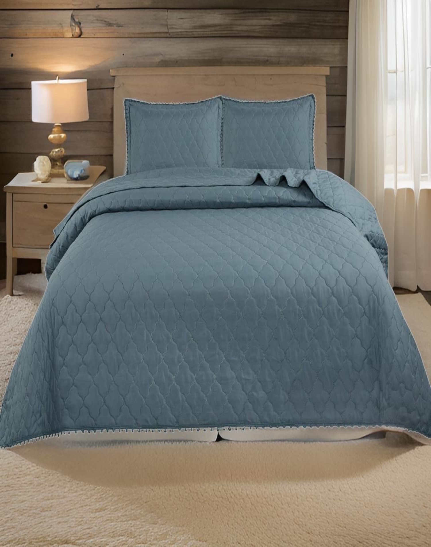 CUBRECAMA AZUL MARINO QUILT PLAZA Y MEDIA CON POMPONES B1 - 3