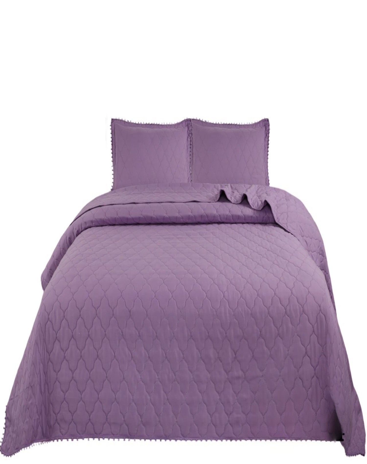 CUBRECAMA MORADO QUILT 2 PLAZAS CON POMPONES C8 - 1