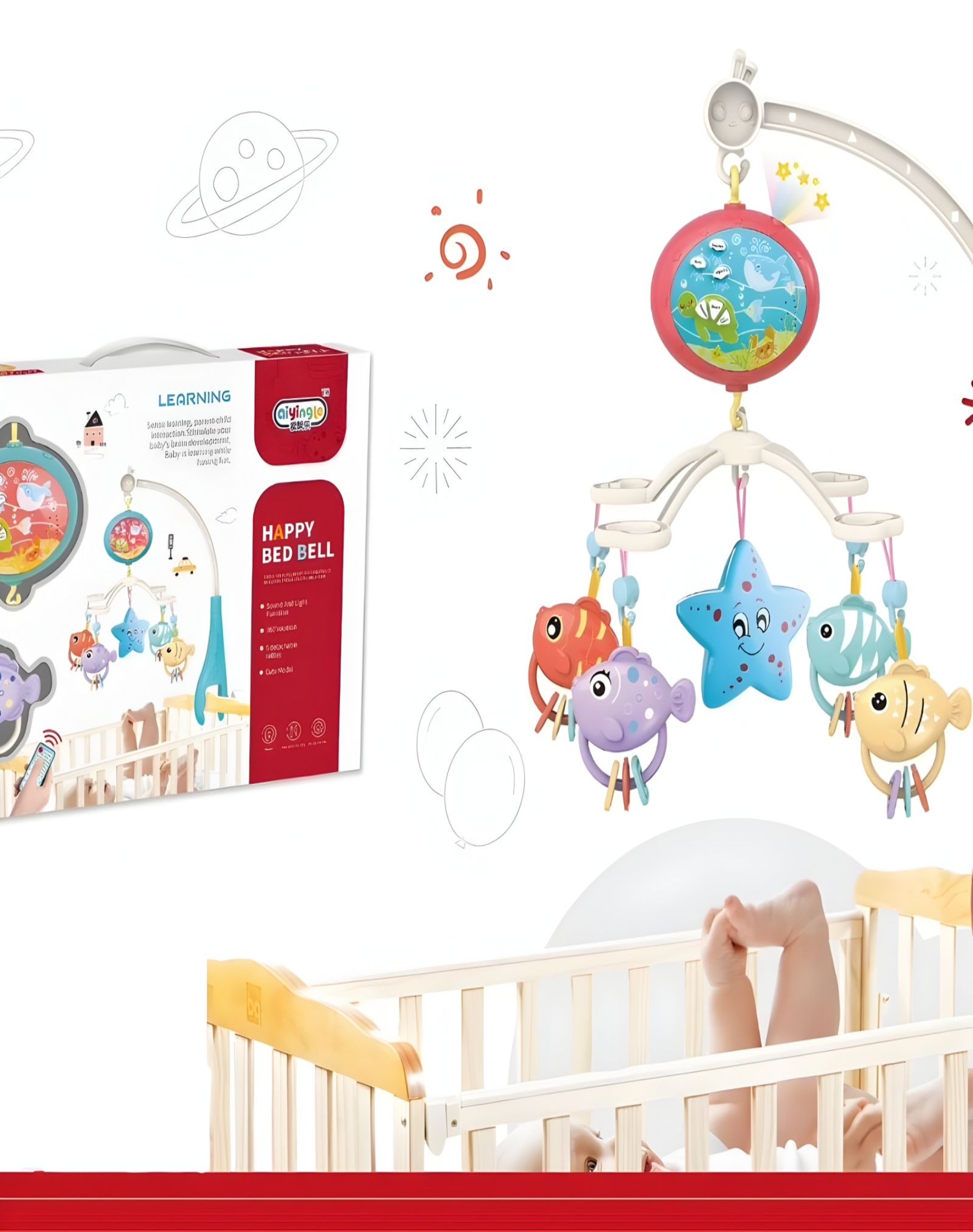 MÓVIL MUSICAL CUNA BEBÉ CON CONTROL Y LUZ 21N5 MULTICOLOR - 4