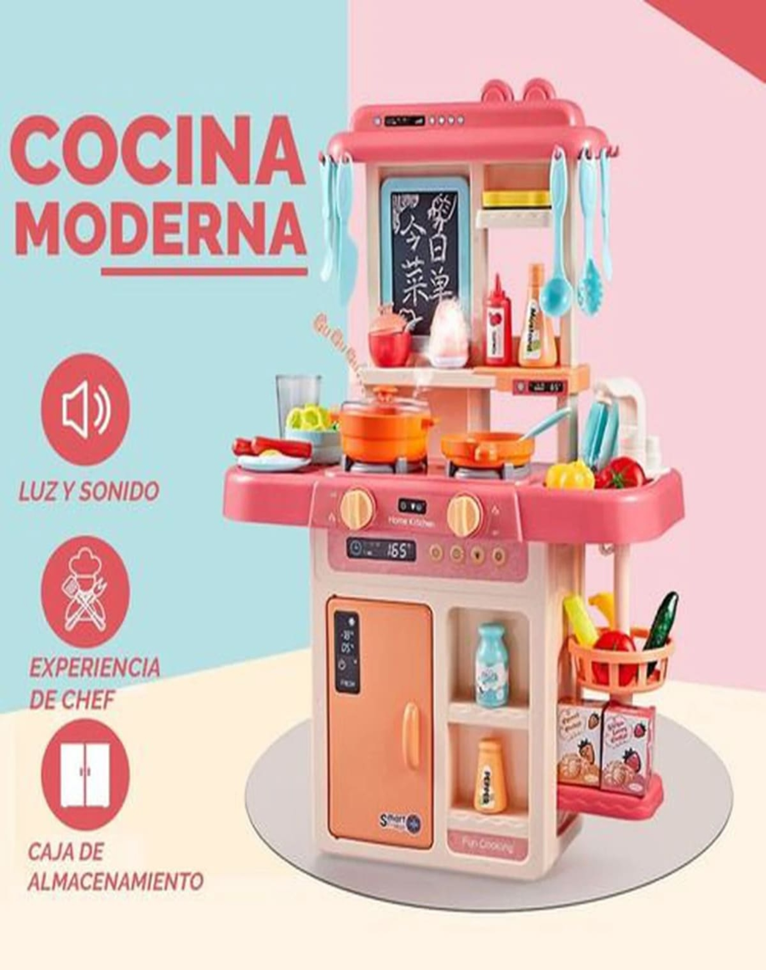 JUGUETE SET COCINA CON LUZ SONIDO ROSADO INFANTIL 63CM - 4