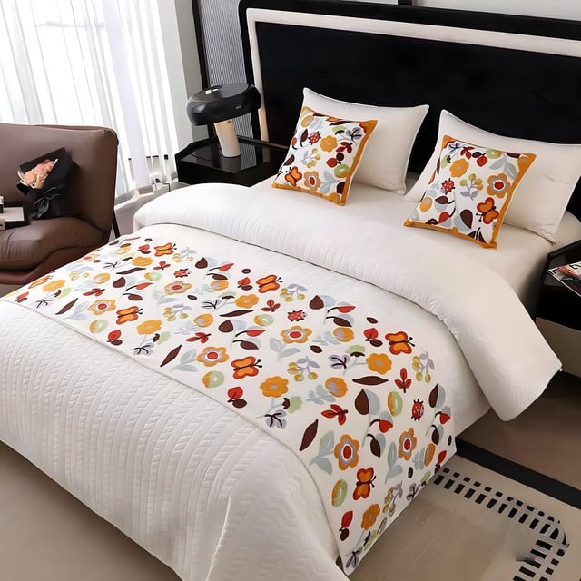 PIECERA DE CAMA MAS 2 FUNDAS BORDADA DECORATIVA 60X200 CM - 3