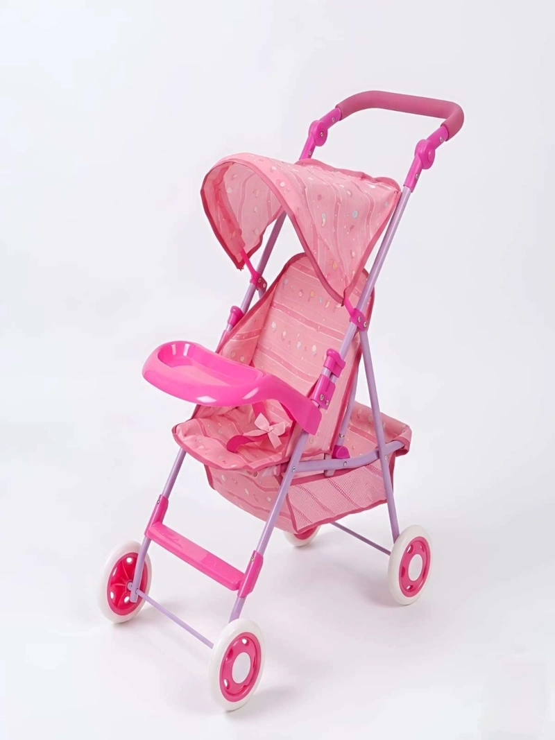COCHE DE JUGUETE PARA MUÑECAS CON TOLDO PLEGABLE Y BANDEJA ROSADO DISEÑO LINEAL - 3