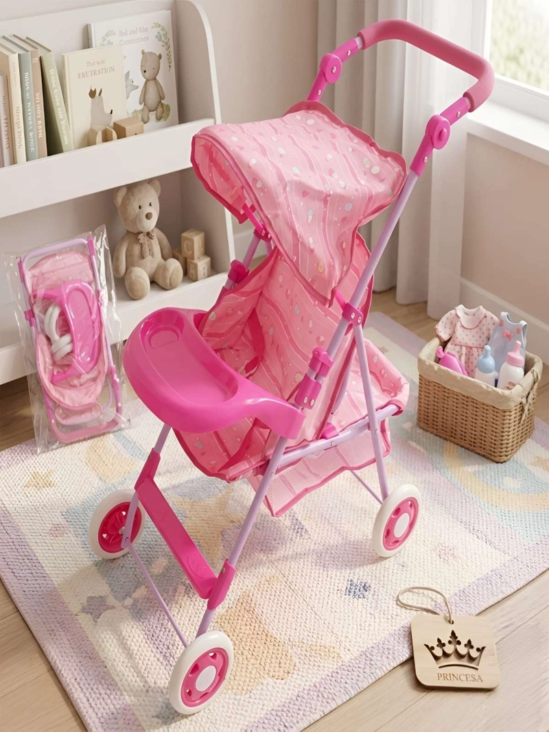 COCHE DE JUGUETE PARA MUÑECAS CON TOLDO PLEGABLE Y BANDEJA ROSADO DISEÑO LINEAL - 4