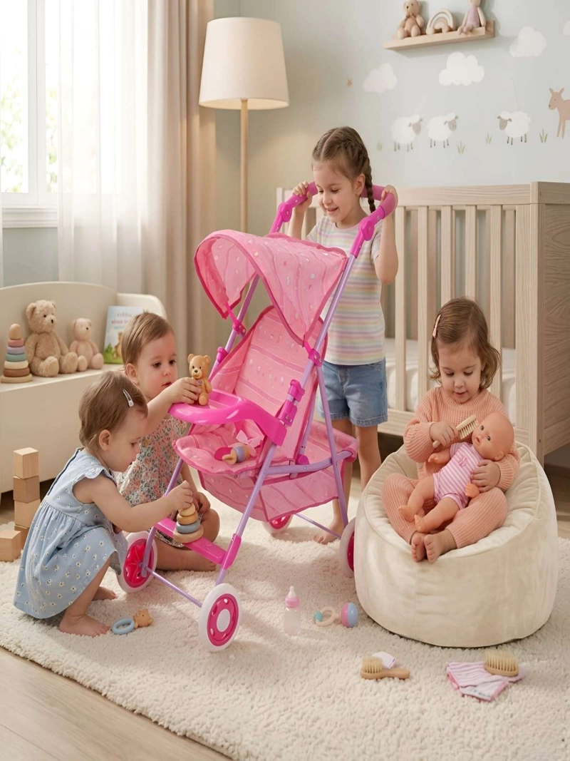 COCHE DE JUGUETE PARA MUÑECAS CON TOLDO PLEGABLE Y BANDEJA ROSADO DISEÑO LINEAL - 5