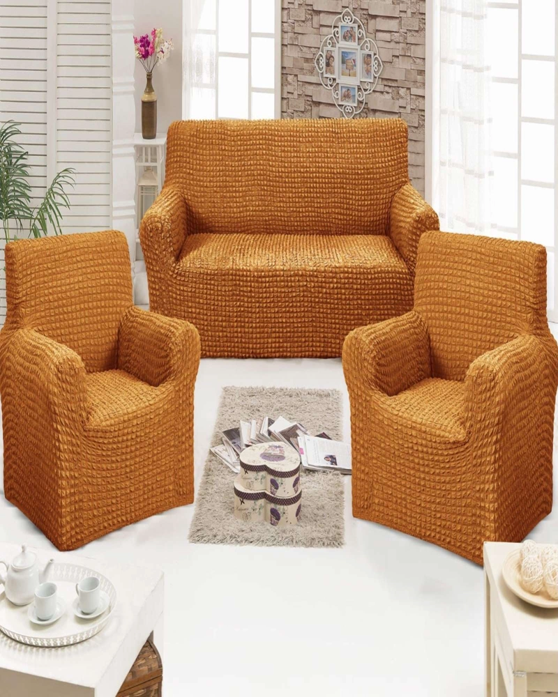 SET DE FUNDAS CUBRE SILLON 3+1+1 - MODELO CUADRILLE MOSTAZA - 4