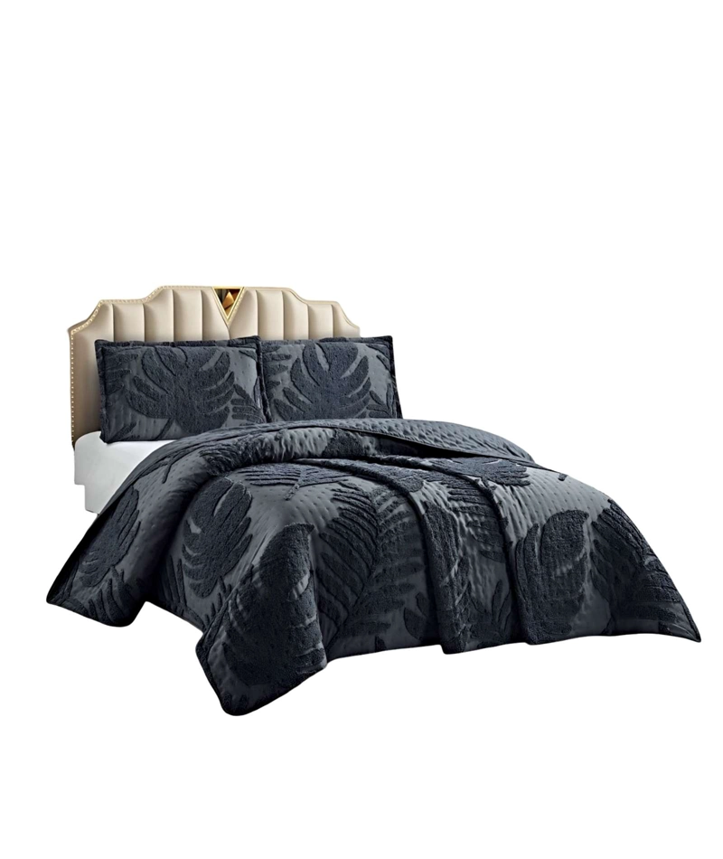 CUBRECAMA QUILT VERANO HOJA TUFTING PLAZA Y MEDIA GRIS - 1