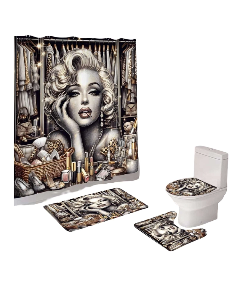 JUEGO 5 PIEZAS CON CORTINA DE BAÑO DE TELA POLIE STER Y  FORRO DE DUCHA DE PLASTICO - 2