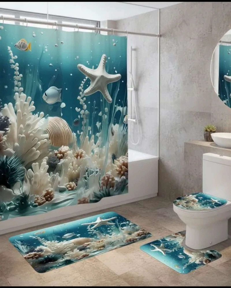 JUEGO 5 PIEZAS CON CORTINA DE BAÑO DE TELA POLIE STER Y  FORRO DE DUCHA DE PLASTICO - 1