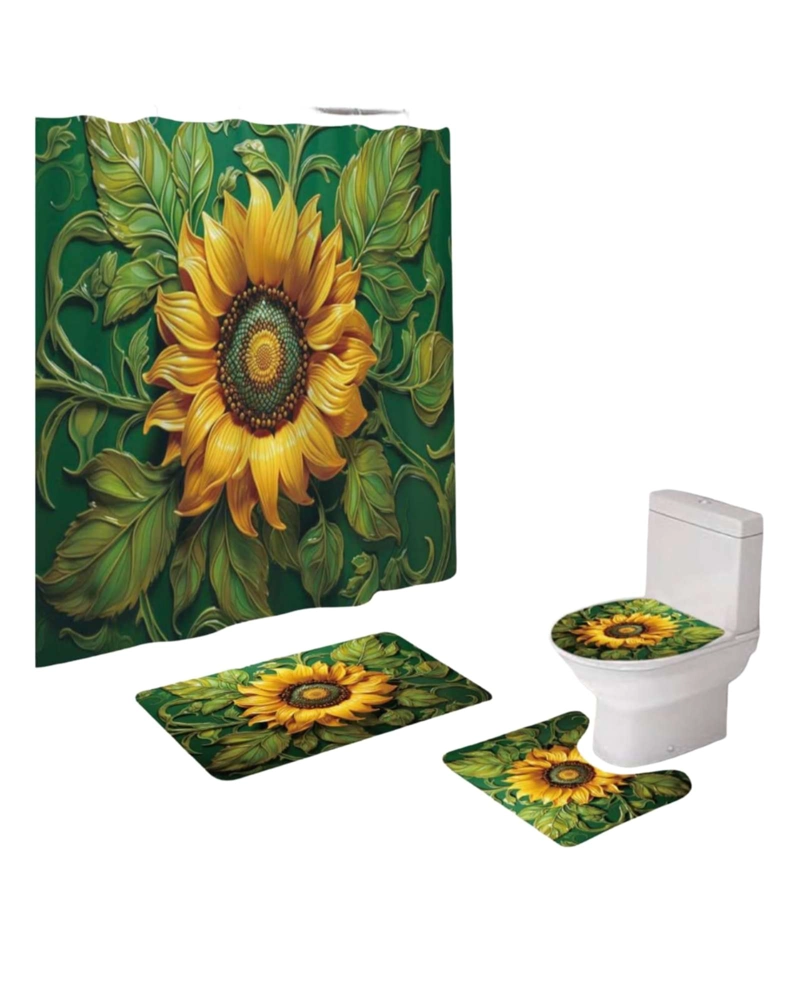 JUEGO 5 PIEZAS CON CORTINA DE BAÑO DE TELA POLIE STER Y  FORRO DE DUCHA DE PLASTICO - 2