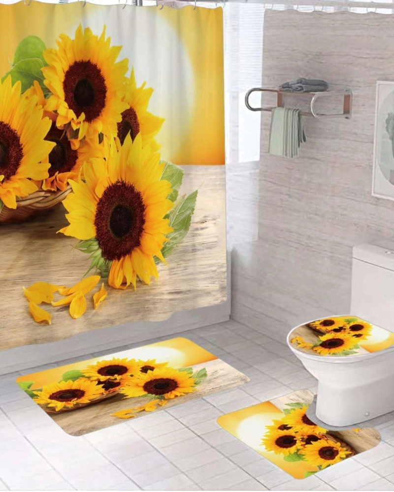 JUEGO 5 PIEZAS CON CORTINA DE BAÑO DE TELA POLIE STER Y  FORRO DE DUCHA DE PLASTICO - 1