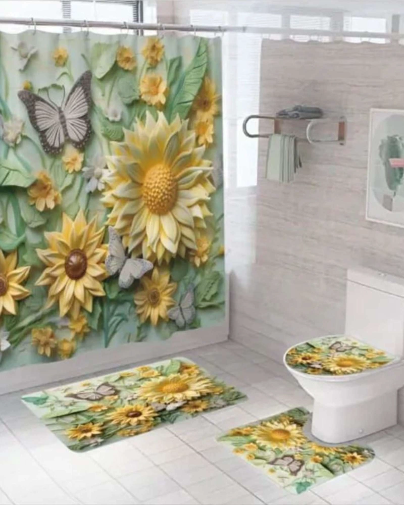 JUEGO 5 PIEZAS CON CORTINA DE BAÑO DE TELA POLIE STER Y  FORRO DE DUCHA DE PLASTICO - 1