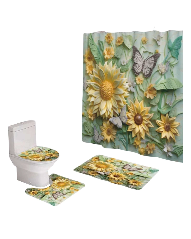 JUEGO 5 PIEZAS CON CORTINA DE BAÑO DE TELA POLIE STER Y  FORRO DE DUCHA DE PLASTICO - 2