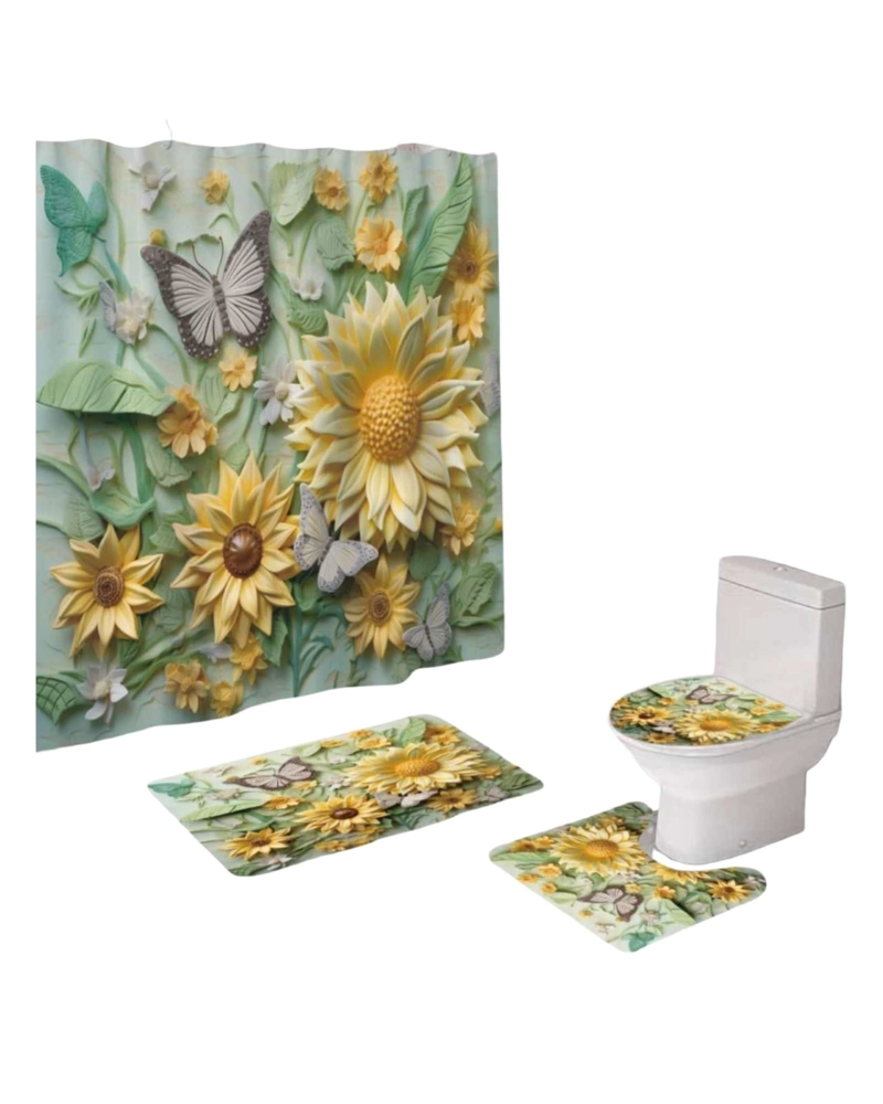 JUEGO 5 PIEZAS CON CORTINA DE BAÑO DE TELA POLIE STER Y  FORRO DE DUCHA DE PLASTICO - 3