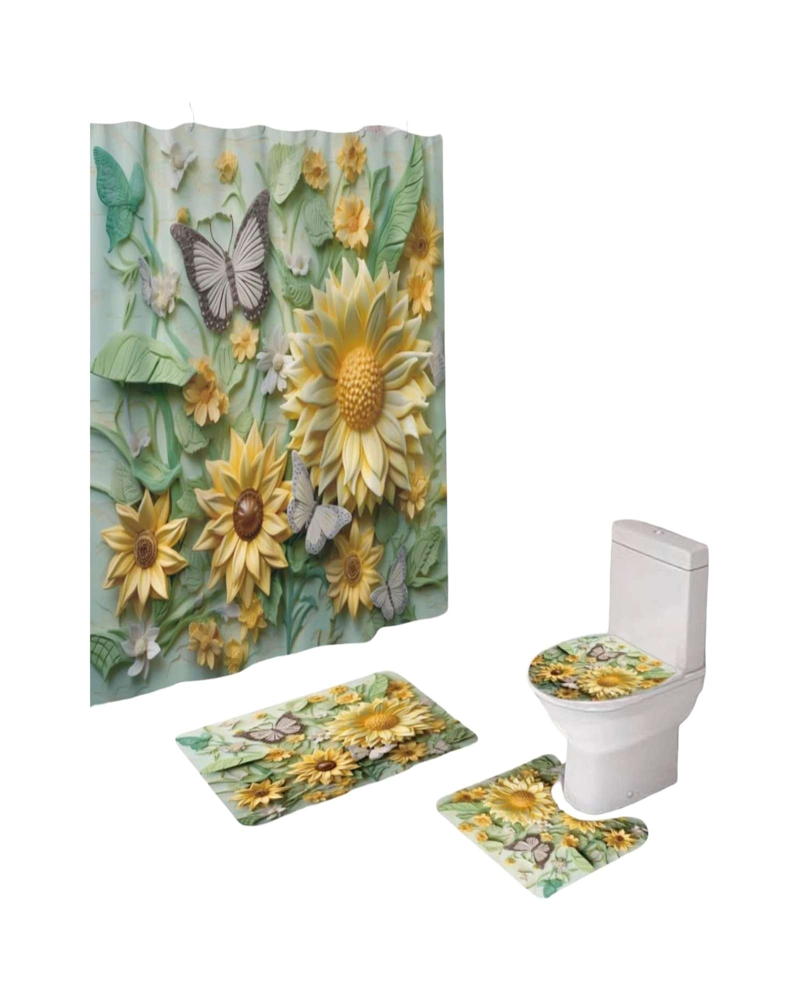 JUEGO 5 PIEZAS CON CORTINA DE BAÑO DE TELA POLIE STER Y  FORRO DE DUCHA DE PLASTICO - 5