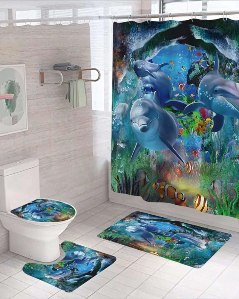 JUEGO 5 PIEZAS CON CORTINA DE BAÑO DE TELA POLIE STER Y  FORRO DE DUCHA DE PLASTICO - 1