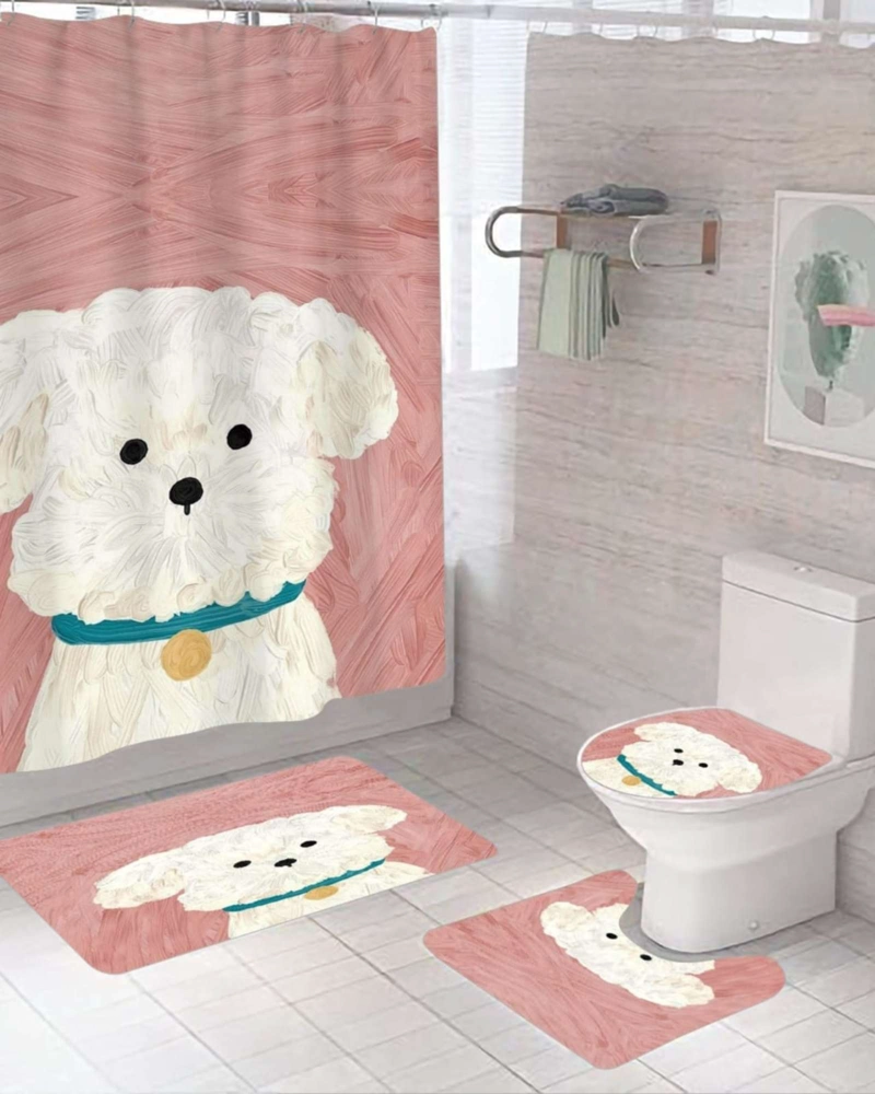 JUEGO 5 PIEZAS CON CORTINA DE BAÑO DE TELA POLIE STER Y  FORRO DE DUCHA DE PLASTICO - 1