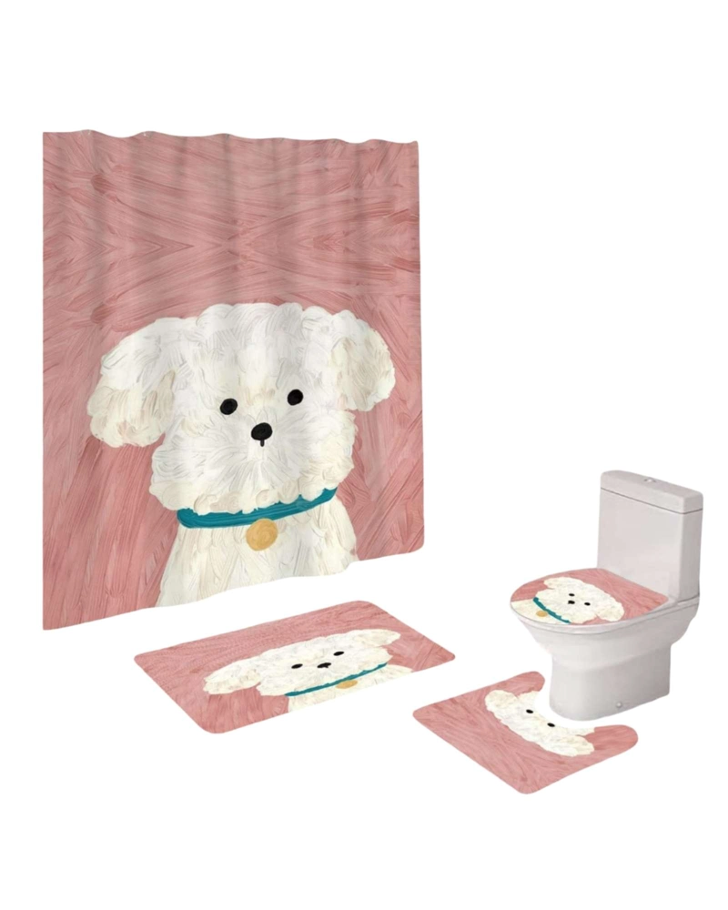 JUEGO 5 PIEZAS CON CORTINA DE BAÑO DE TELA POLIE STER Y  FORRO DE DUCHA DE PLASTICO - 3