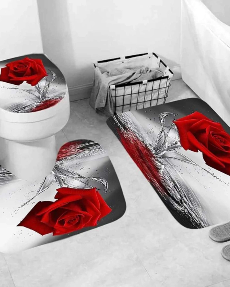 JUEGO 5 PIEZAS CON CORTINA DE BAÑO DE TELA POLIE STER Y  FORRO DE DUCHA DE PLASTICO - 4