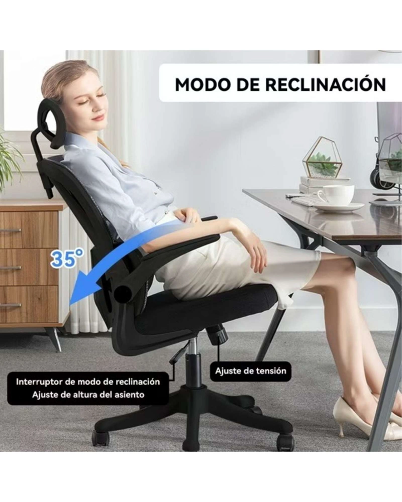 SILLA ERGONOMICA PRO: MAXIMO CONFORT CON APOYACABEZA AJUSTABLE NEGRA - 4