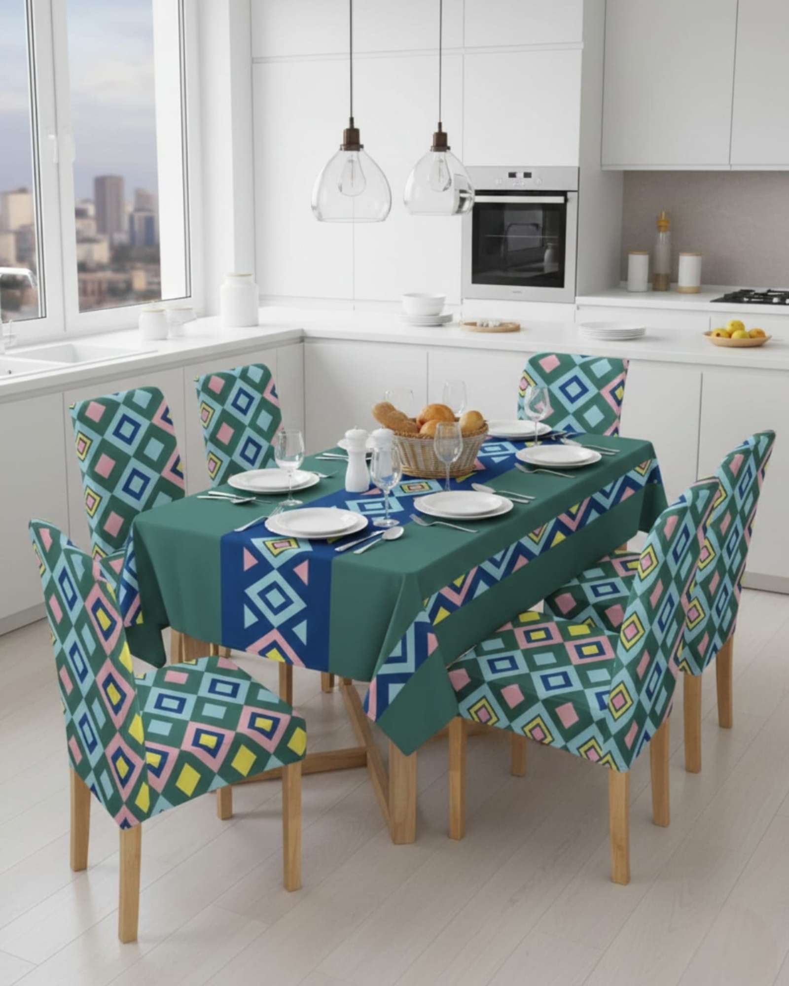 JUEGO DE MANTEL ANTIMANCHAS 140X220 + 6 FUNDAS DE SILLA - 1