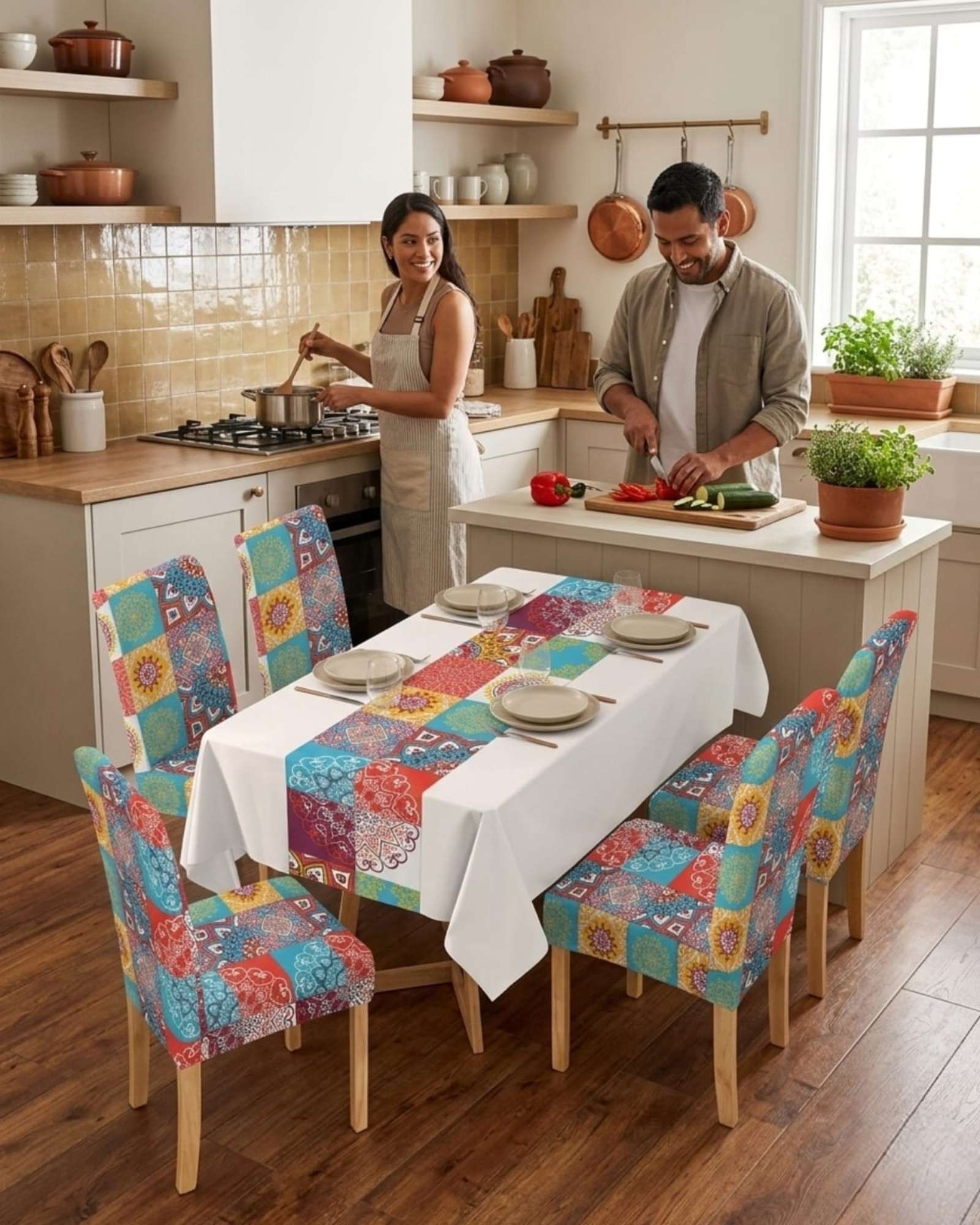 JUEGO DE MANTEL ANTIMANCHAS 140X220 + 6 FUNDAS DE SILLA - 2