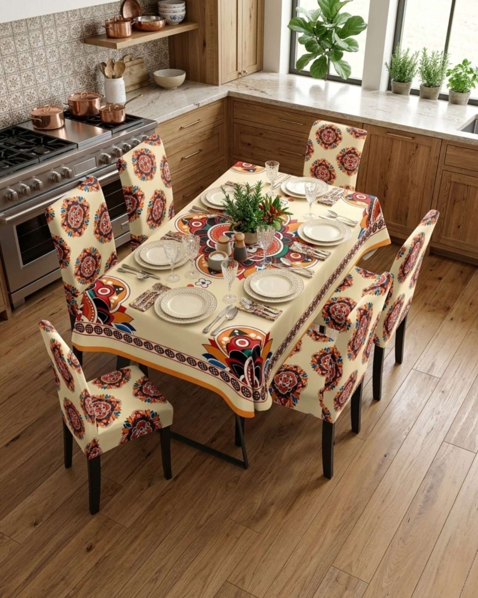 JUEGO DE MANTEL ANTIMANCHAS 140X220 + 6 FUNDAS DE SILLA - 1