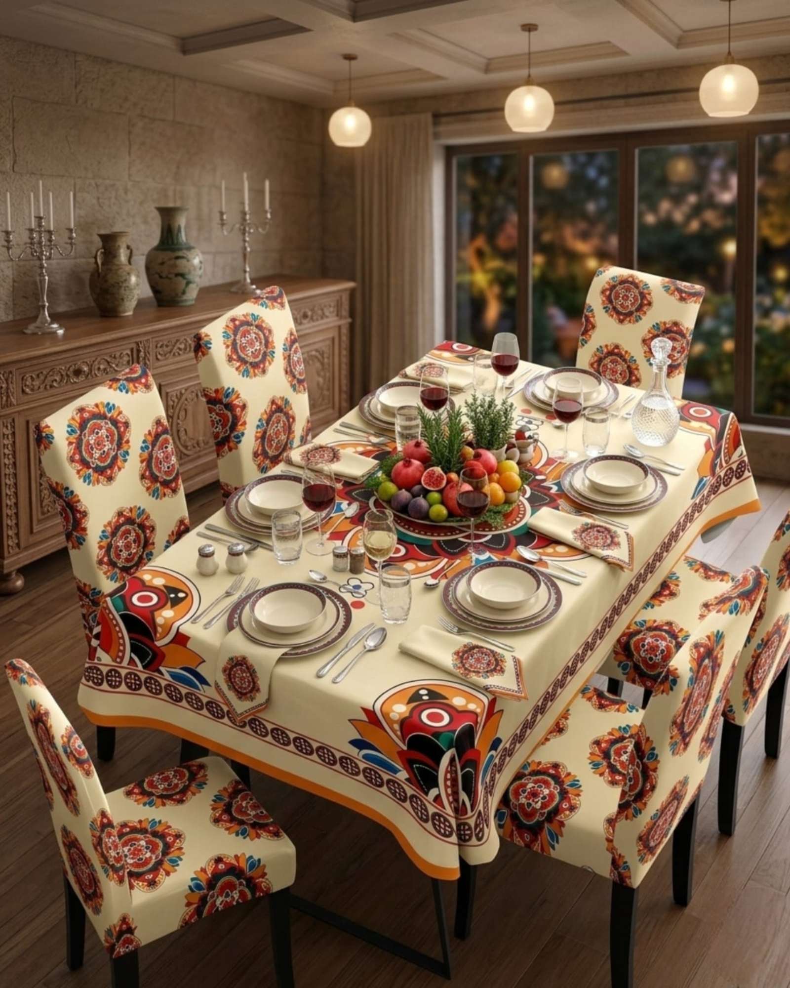 JUEGO DE MANTEL ANTIMANCHAS 140X220 + 6 FUNDAS DE SILLA - 3